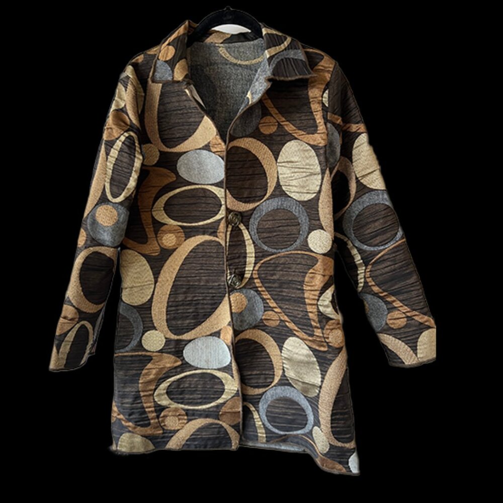WINDING RIVER Brown with Gold, Tan and Blue Circles Reversible Rayon Jacket